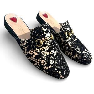 Gucci Princetown Black Nude lace horsebit slip on mules flats Authentic Size 36